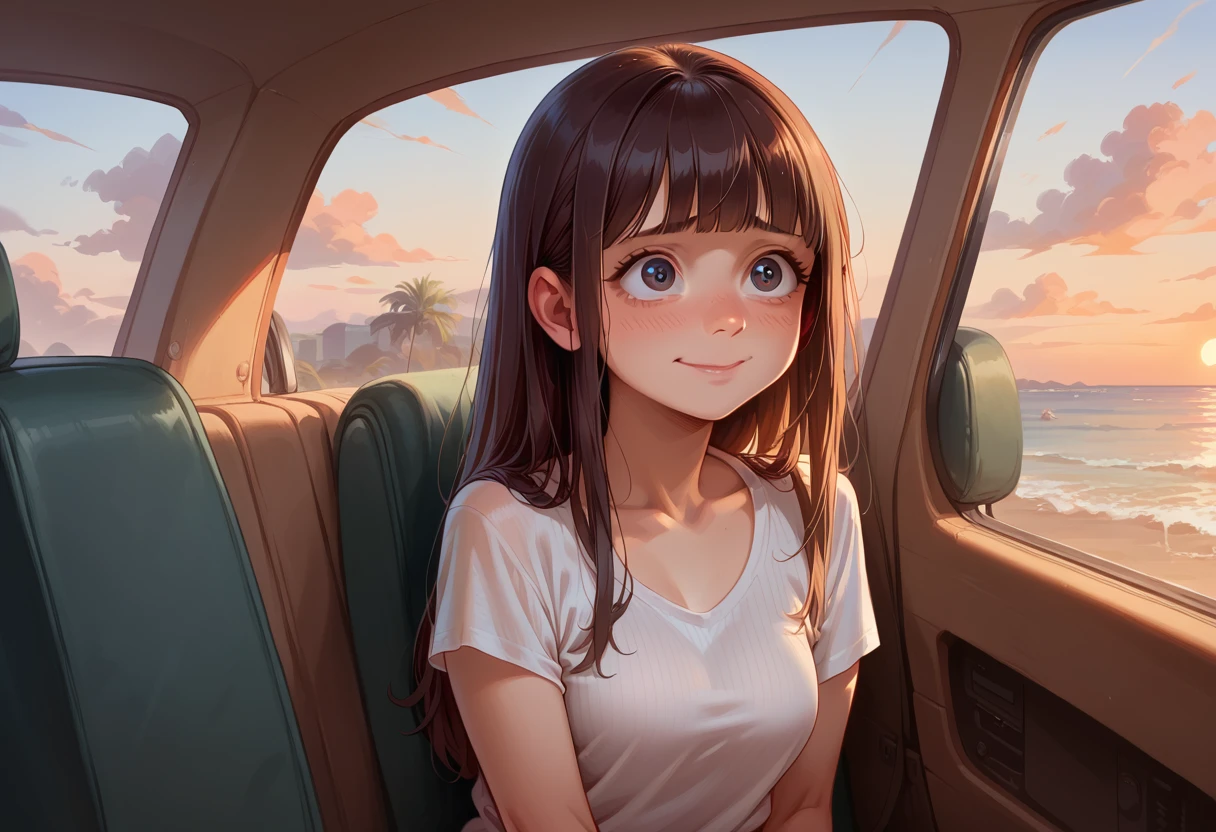 A loli teen girl watching the sunrise wearing casual clothes, long hair with a fringe, detailed nervous face, smile, shy girl, normal breasts, detailed beautiful body, thin body,