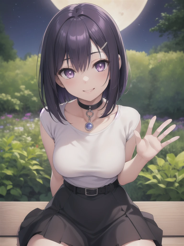 High image quality, masterpiece,   Anatomically Accurate   , Best Quality,   1 girl, Alone, Purple Hair, Dark hair color,Bob Hair, Light purple eyes,Oblique eyes,  Beautiful breasts, Normal milk,white crewneck knit, black skirt, black choker,Black belt, hair clip that invites you with your hand,Classy Atmosphere  ,  friendly atmosphere, cool vibe  ,smile,  opens her mouth,be happy, sitting on the bench,Waving, simple background ,garden,Moonlit Night