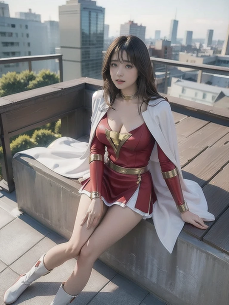 masterpiece, best quality,  mary marvel, white cape, red dress, red skirt, long sleeves, bracer, large breasts, looking at viewer, cityscape, rooftop, cleavage、 (between breasts), yellow boots, sitting