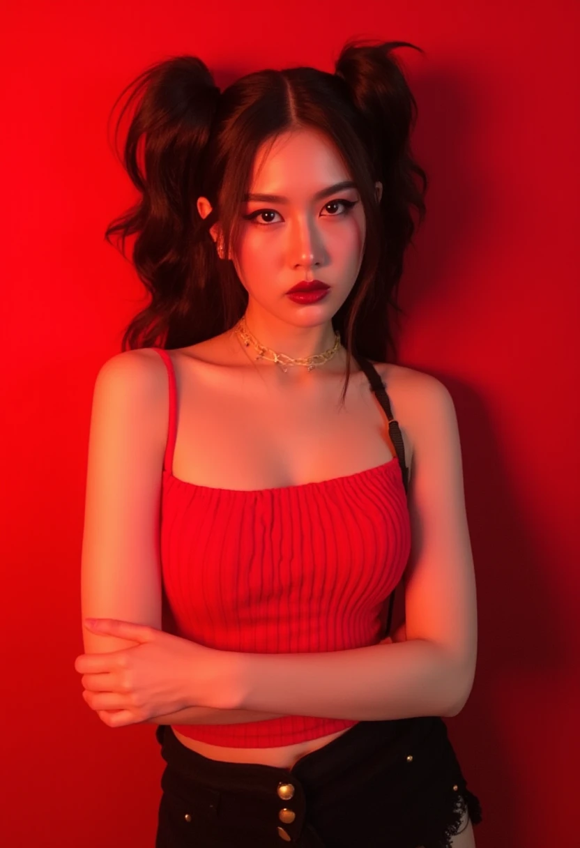 a young thai woman with a black twin updo hairstyle. She is wearing a red camisole , big breast, and black skirt, punk makeup, look at camera, The background is a vibrant red,