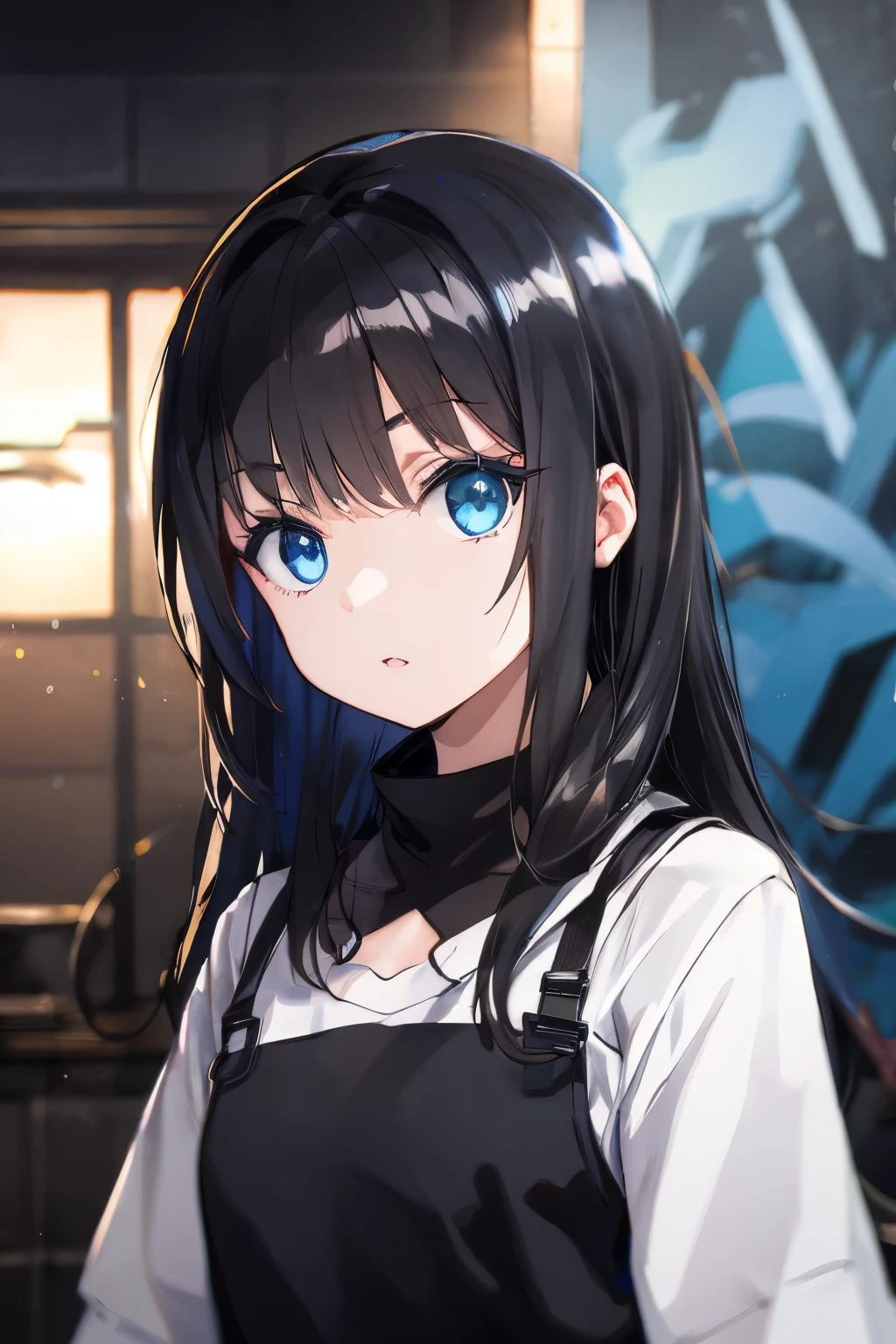 Black-haired girl,  dark black, shiny,  light blue eyes, Killer eyes , , cute little