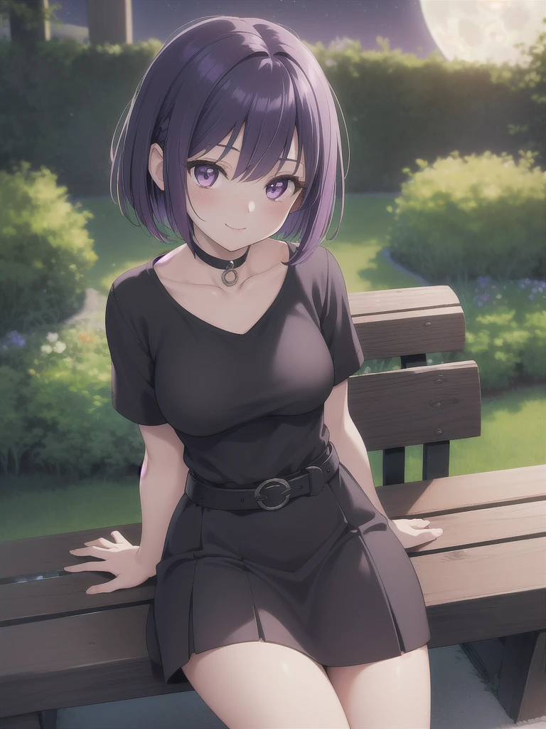 High image quality, masterpiece,   Anatomically Accurate   , Best Quality,   1 girl, Alone, Purple Hair, Dark hair color,Bob Hair, Light purple eyes,Oblique eyes,  Beautiful breasts, Normal milk,white crewneck knit, black skirt, black choker,Black belt, hair clip that invites you with your hand,Classy Atmosphere  ,  friendly atmosphere, cool vibe  ,smile,  opens her mouth,be happy, sitting on the bench,Waving,Look in from an angle,Looking up, simple background ,garden,Moonlit Night