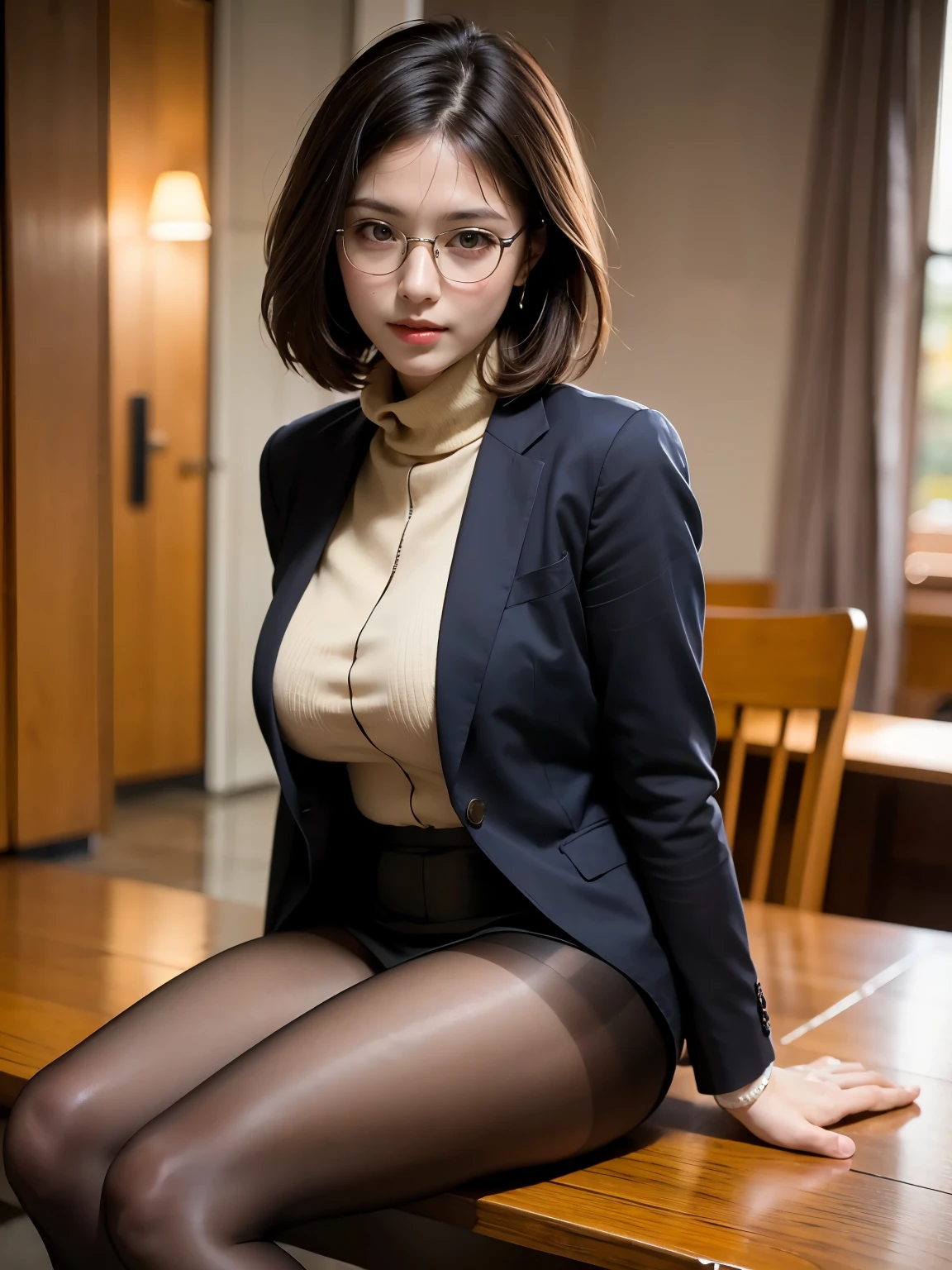 (NSFW:1.0) worms eye view, portrait of a young stunning sexy female secretary, bob hair style waist-long straight hair with bangs, sexy pose, tight office suit, sit in the desk, mini skirt, open legs, open button