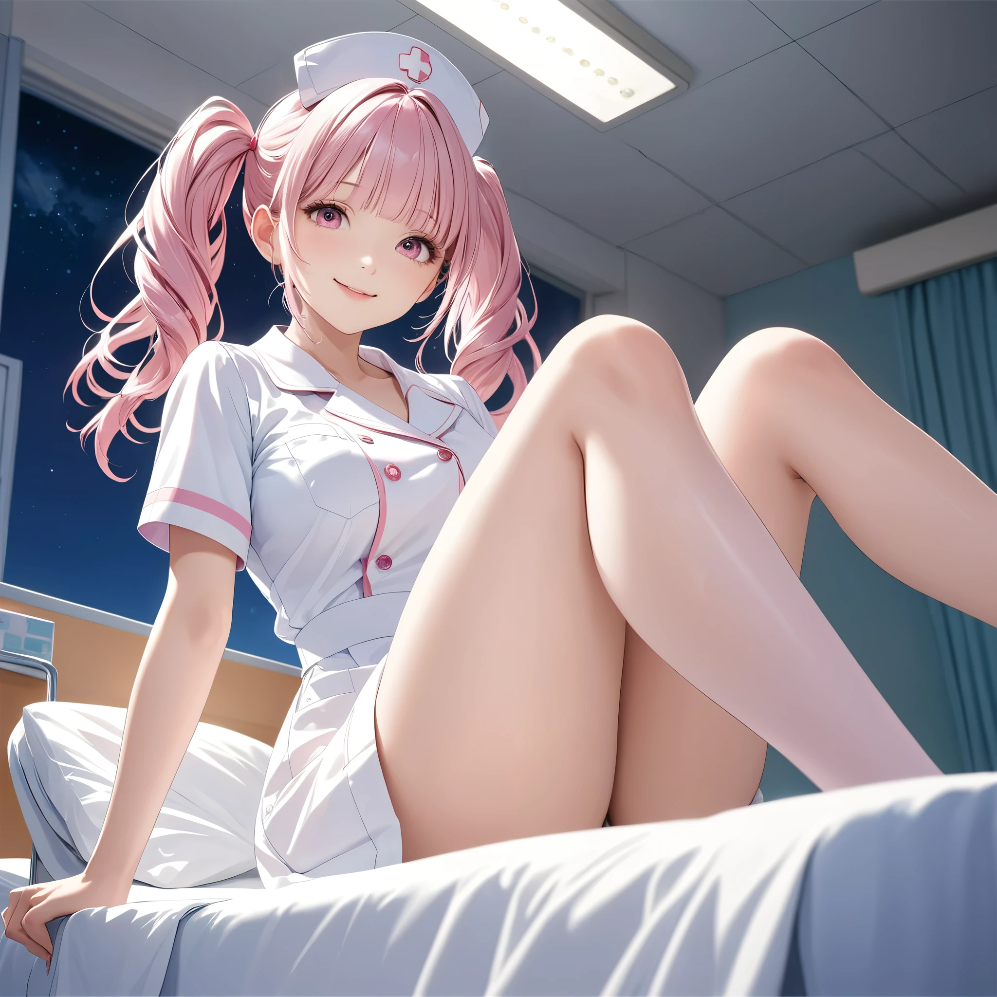 (8K, masutepiece, Best Quality, Official art, beautiful lighting, The best masterpiece in history that exceeds limits, beautiful detailed), (1 Girl, Solo), (sixteen years old), (beautiful detailed face), (shiny white skin), (Beautiful big bust, cleavage, thighs:1.3), (beautiful detailed pink twin tails hair, Bangs:1.3), (beautiful detailed drooping pink eyes:1.5), (Nurse uniform, stockings:1.3), (happy smile:1.3), (from below, knees up, Attractive, sensational, looking at viewer, cute pose), (hospital, bed, night:1.3),