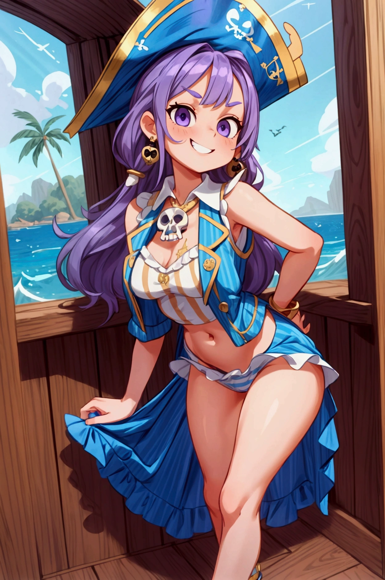 A woman, medium-long, purple hair, large breasts, tanned skin,

Pirate costume, captain hat, miniskirt,

The sea, on a boat, on a pirate ship, on the deck