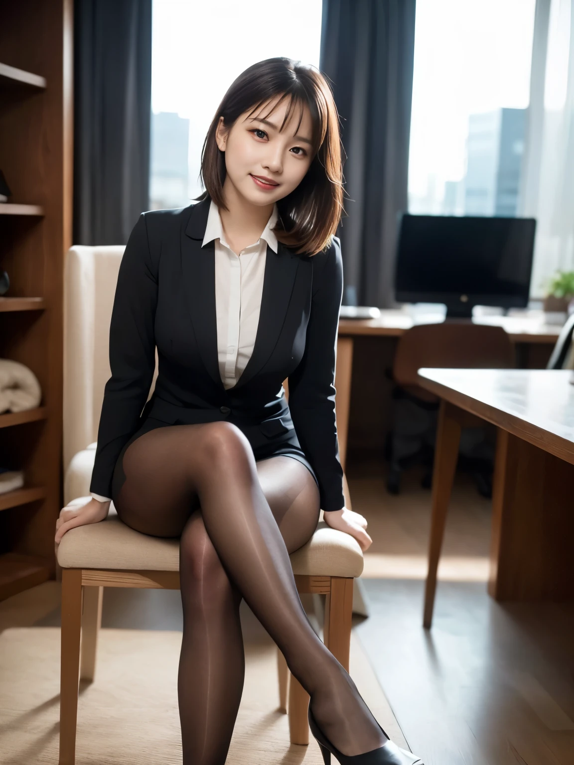 (Realistic, Realistic: 1.37), (masterpiece), ( best quality: 1.4), ( ultra high resolution: 1.2), ( RAW Photos: 1.2), ( sharp concentration: 1.3), (Focused on the face: 1.2), elegant, elite、(whole body: 1.2), best quality, masterpiece, ( realism: 1.2), girl, Brown Hair, Brown Eyes , front, Detailed face, beautiful eyes, business suits 、 pleated mini skirt , ( Super Realistic Pantyhose :1.3), Office with a night view (1.5), Sit on a chair、Intense smile, Lots of eyelashes, High Heels , Very beautiful, pantyhose,