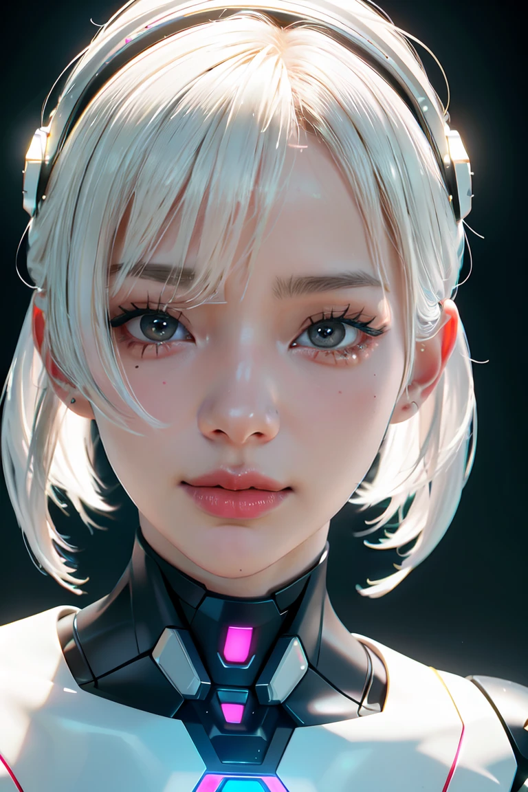 《The role of artificial intelligence》。（（（Virtual character design：Psychological counselor。miss，20 years old，white short hair，Skin details，Smile）））。（（white suit））。((Super realistic details))。 illumination, light and shadow, octane rendering, 8k, super sharp,complicated, Accessory details,atmosphere, perfect body, cybernetic body, 