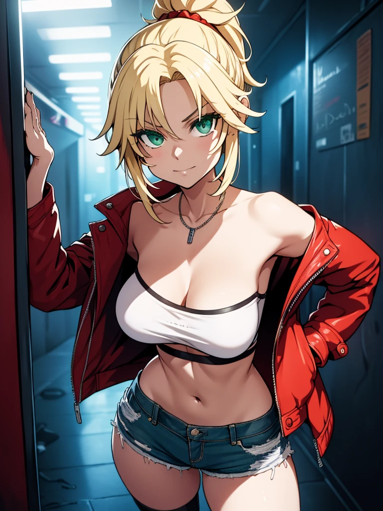 (​masterpiece、top-quality、hight resolution、Unity 8k、extremely details CG:1,Best Picture), modred, (green eyes:1.5), blonde hair, ponytail, short hair, scrunchie, red scrunchie, hair scrunchie, denim, denim shorts, jacket, jewelry, midriff, navel, necklace, red jacket, short shorts, shorts, tube top, white top, A woman standing by the wall of a nightclub. She is lit by dark, colourful lights, reflecting the lively atmosphere of the club. She is leaning casually with one shoulder against the wall, surrounded by soft shadows and neon light. The protagonist asks her if she wants to fuck you, and she says, ‘Okay. Where would you like to fuck?’ The woman responds in a glamorous way. She is a ‘professional slut’ who meets his outrageous demands with impunity. asanagi