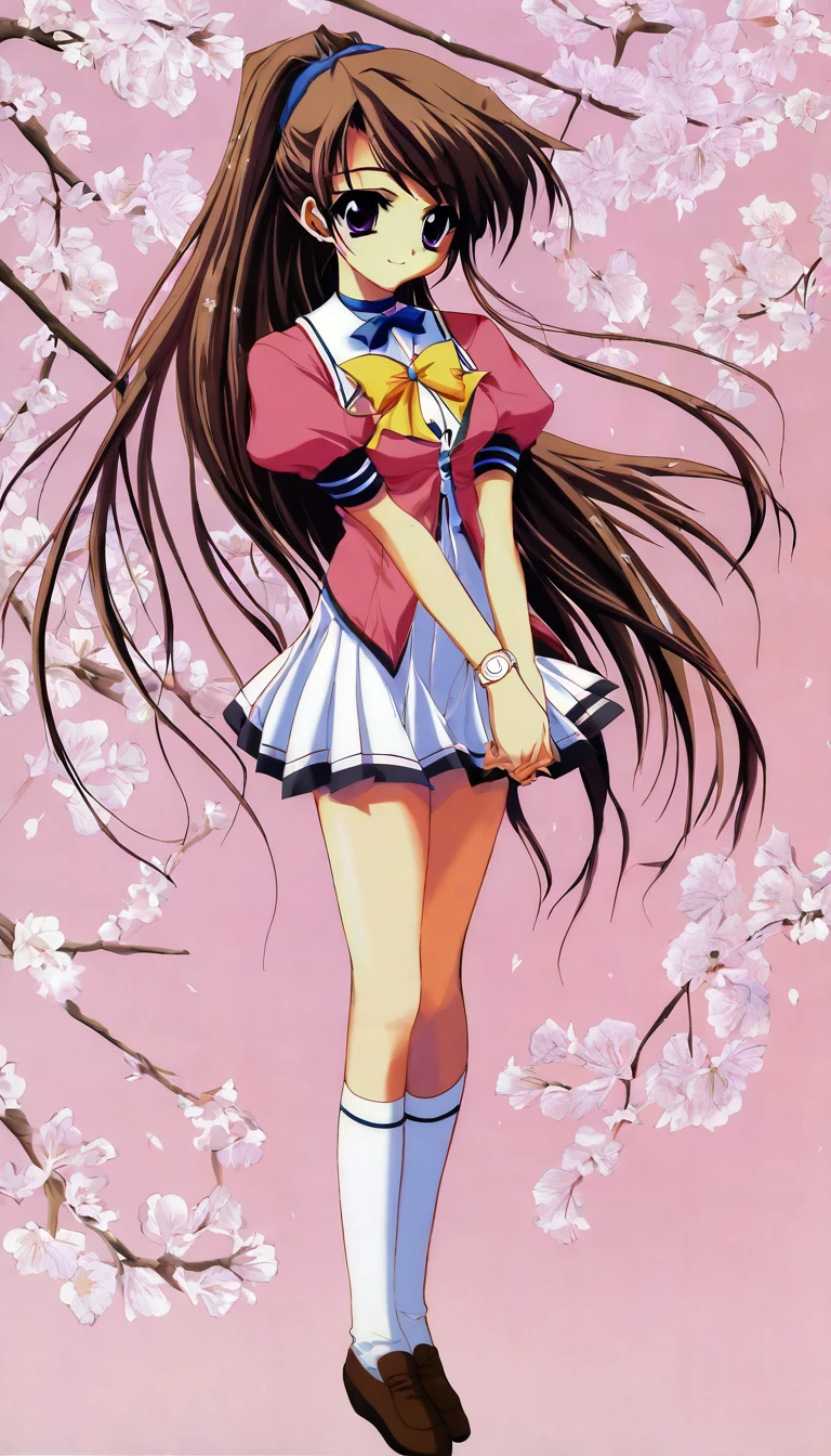 izumi tsubasu style, futaba shiho style, oldest,  2000s, 1girl, skinny, medium breast, ((brown long hair)), ponytail, lone nape hair, swept bangs, purple eyes, smile, close mouth, yellow bow hair, blue bow choker, white wristwatch, pink cropped jacket, puffy short sleeve jacket, yellow collared shirt, white pleated skirt, white kneehighs, brown loafers, own hands together, standing, full body, garden cherry blossoms background, masterpiece, best quality, very aesthetic, highres, absurdres, sensitive