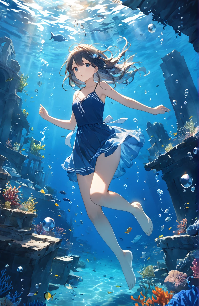  BEAUTIFUL GIRLS、Mysterious Feelings 、cute１７age、Underwater walking,Underwater Walking、Underwater swimming、超 high definition,  high definition, 4K, 8k,close,Sunken Ruins、Girl in the water、water、Surrounded by bubbles、Deep blue world、  Working with shades of deep blue