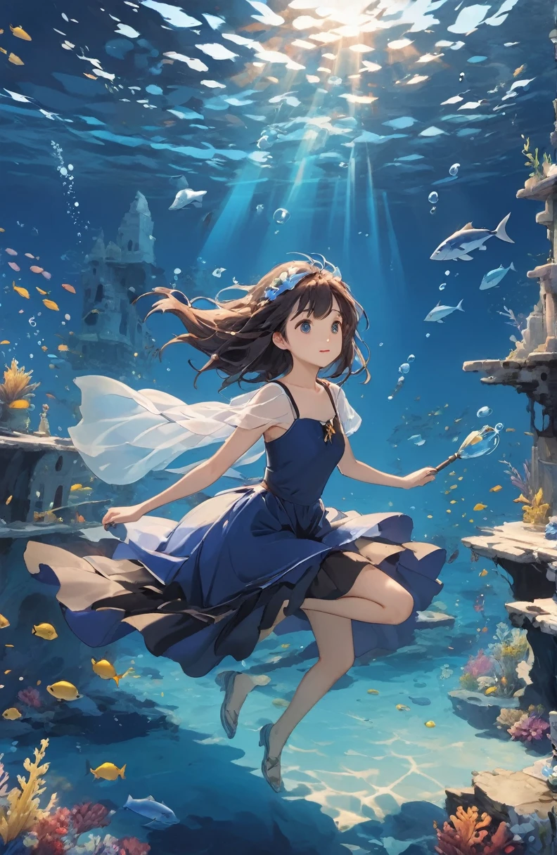  BEAUTIFUL GIRLS、Mysterious Feelings 、cute１７age、Underwater walking,Underwater Walking、Underwater swimming、超 high definition,  high definition, 4K, 8k,close,Sunken Ruins、Girl in the water、water、Surrounded by bubbles、Deep blue world、  Working with shades of deep blue