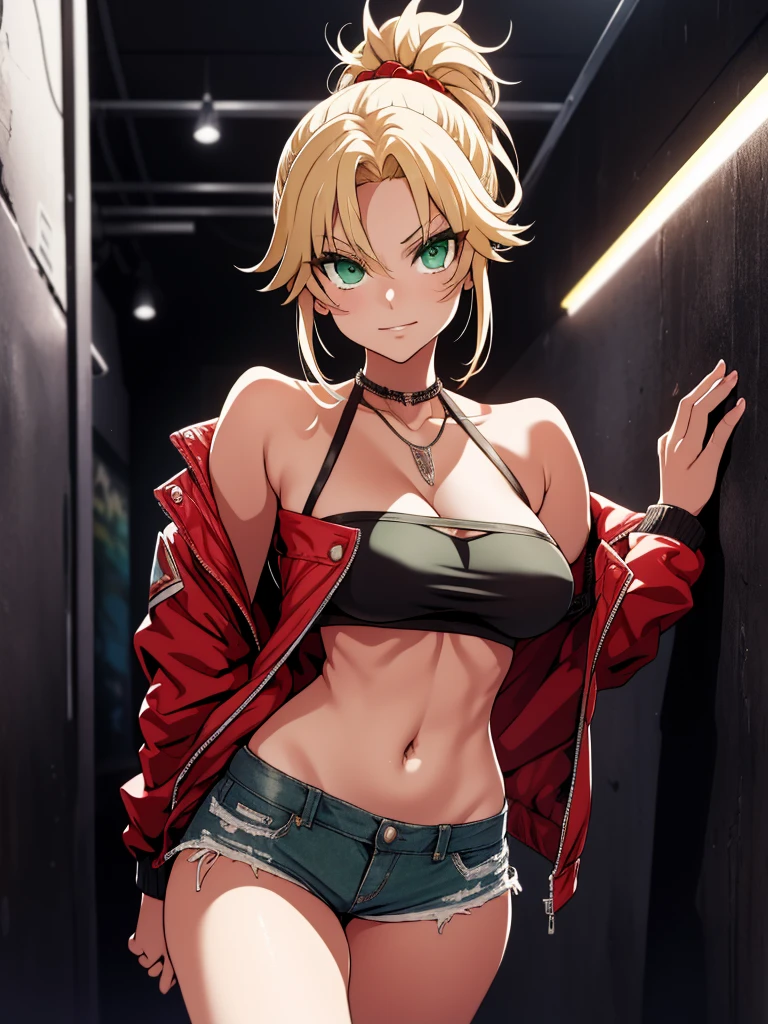 (​masterpiece、top-quality、hight resolution、Unity 8k、extremely details CG:1,Best Picture), modred, (green eyes:1.5), blonde hair, ponytail, short hair, scrunchie, red scrunchie, hair scrunchie, denim, denim shorts, jacket, jewelry, midriff, navel, necklace, red jacket, short shorts, shorts, tube top, white top, A woman standing by the wall of a nightclub. She is lit by dark, colourful lights, reflecting the lively atmosphere of the club. She is leaning casually with one shoulder against the wall, surrounded by soft shadows and neon light. The protagonist asks her if she wants to fuck you, and she says, ‘Okay. Where would you like to fuck?’ The woman responds in a glamorous way. She is a ‘professional slut’ who meets his outrageous demands with impunity. asanagi