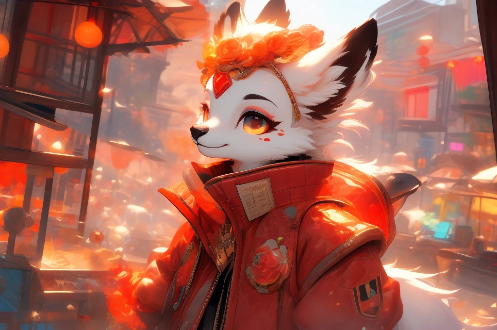 furry,  white fur, ultra cute face,  Red elements in the coat , luminous t-shirt,  beautiful lights and shadows, Ambient light, Piel ultra detallada,  volumetric light 