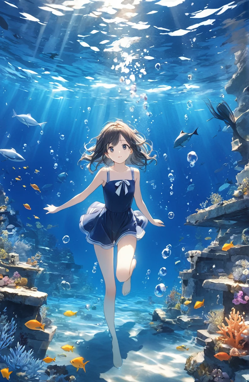  BEAUTIFUL GIRLS、Mysterious Feelings 、cute１７age、Underwater walking,Underwater Walking、Underwater swimming、超 high definition,  high definition, 4K, 8k,close,Sunken Ruins、Girl in the water、water、Surrounded by bubbles、Deep blue world、  Working with shades of deep blue