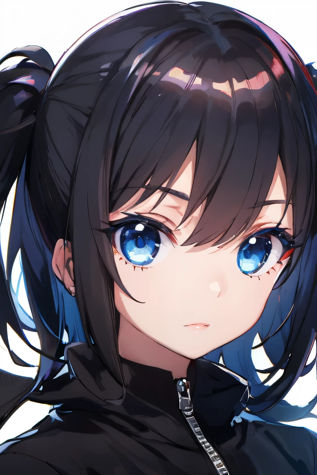 Black-haired girl,  dark black, shiny,  light blue eyes, Killer eyes , , cute little