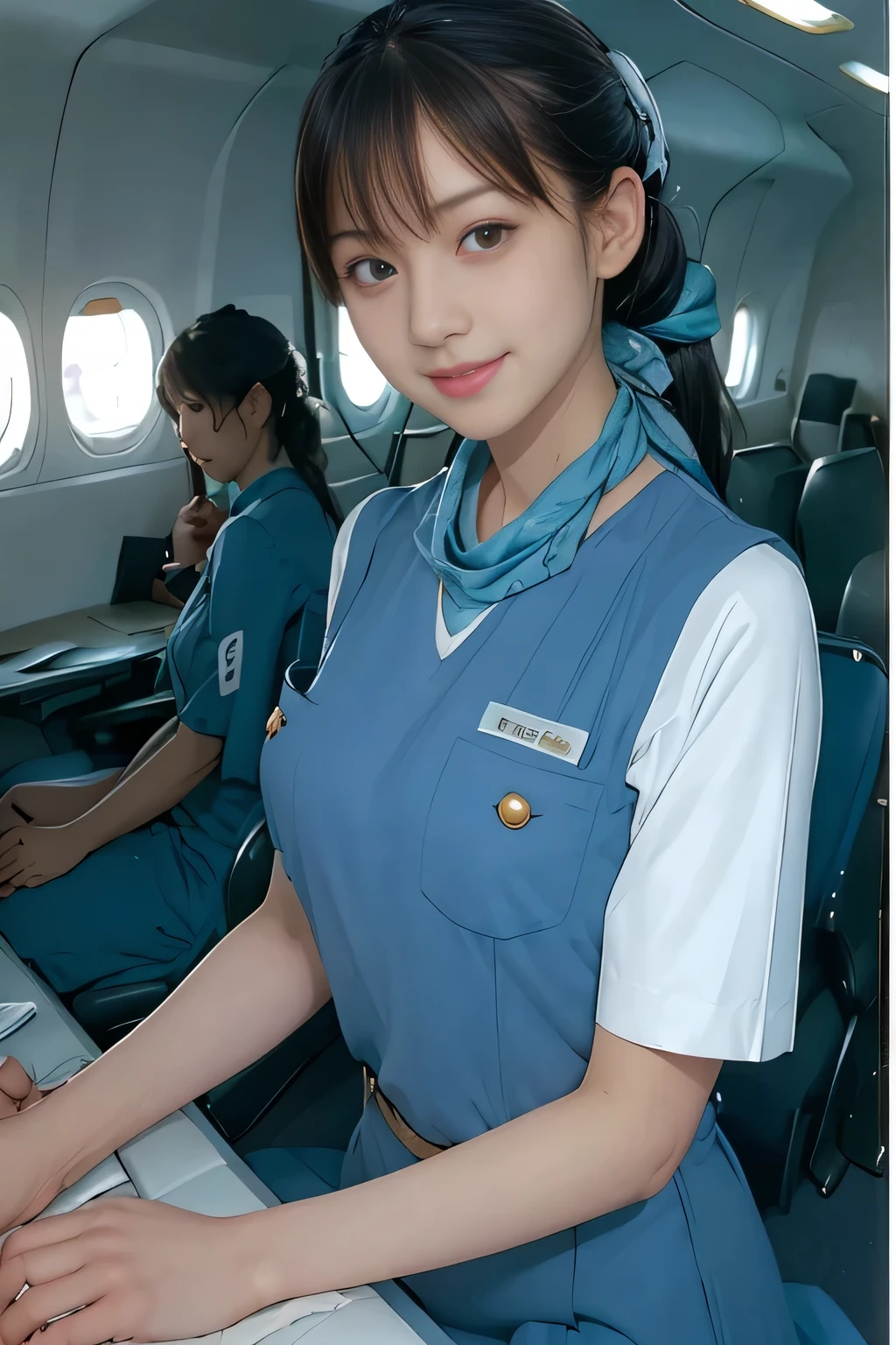 (masterpiece:1.2, Best Quality:1.2), 32kHDR,  high definition, (Alone、 1 girl)、（Rooftop of a building during the day、 Professional Lighting ）、Building rooftop background、（ Realistic Style Japan Air System Flight Attendant Uniform Blue ）、（（Japan Airlines System Flight Attendant Uniform Blue Jumper Skirt with Pockets and Buttons on Both Sides of Chest、 white short sleeve blouse  、 Light Blue Vest with Waist 、Scarf around the neck））、Dark brown hair、（Long Hair、Hair tied up、Hair tied up）、Dark brown hair、Long Hit、Big Breasts、Thin legs、（（Great hands：2.0）），（（ Harmonious Body Proportions ：1.5）），（（Normal limbs：2.0）），（（Usually refers to：2.0）），（（ Delicate Eyes ：2.0）），（（Normal eyes：2.0））)、smile、（Japan air system cabincrew uniform blueを見せた美しい立ち姿）、Hands crossed underneath 