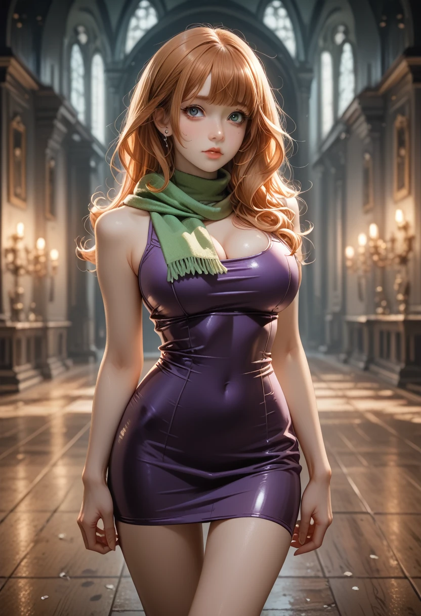 (Best Quality, High resolution:1.2), Ultra-detailed, ((super panavision 70 style, ultra Realistic 3/4 body portrait)), 50´s style, hot girl, scooby doo daphne, pretty detailed face, long red wavy hair, perfect long legs, tiny waist. very large breasts, standing, 70´s purple tight short dress, green scarf around her neck, in a desaturated haunted house background (Depth of field)