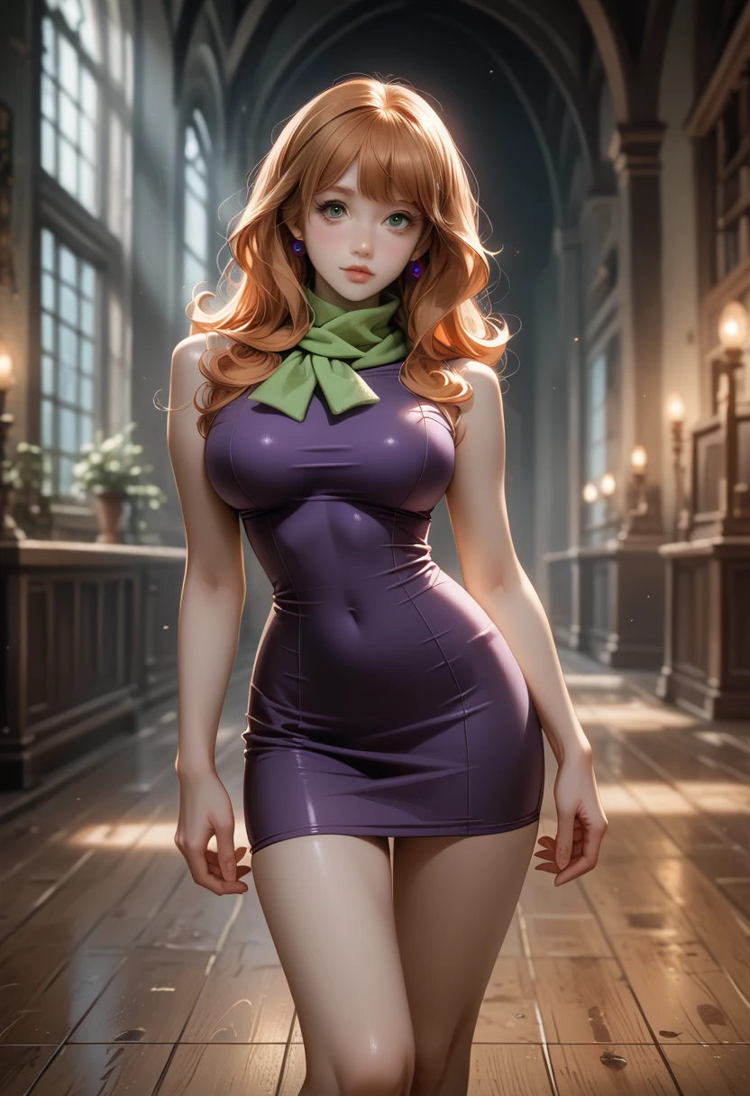 (Best Quality, High resolution:1.2), Ultra-detailed, ((super panavision 70 style, ultra Realistic 3/4 body portrait)), 50´s style, hot girl, scooby doo daphne, pretty detailed face, long red wavy hair, perfect long legs, tiny waist. very large breasts, standing, 70´s purple tight short dress, green scarf around her neck, in a desaturated haunted house background (Depth of field)