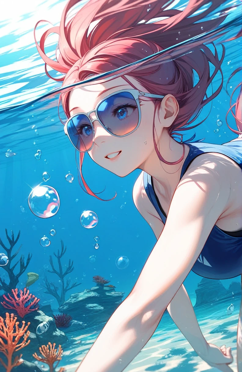  BEAUTIFUL GIRLS、Mysterious Feelings 、cute１７age、Underwater walking,Underwater Walking、Underwater swimming、超 high definition,  high definition, 4K, 8k,close,Sunken Ruins、Girl in the water、water、Surrounded by bubbles、Deep blue world、  Working with shades of deep blue