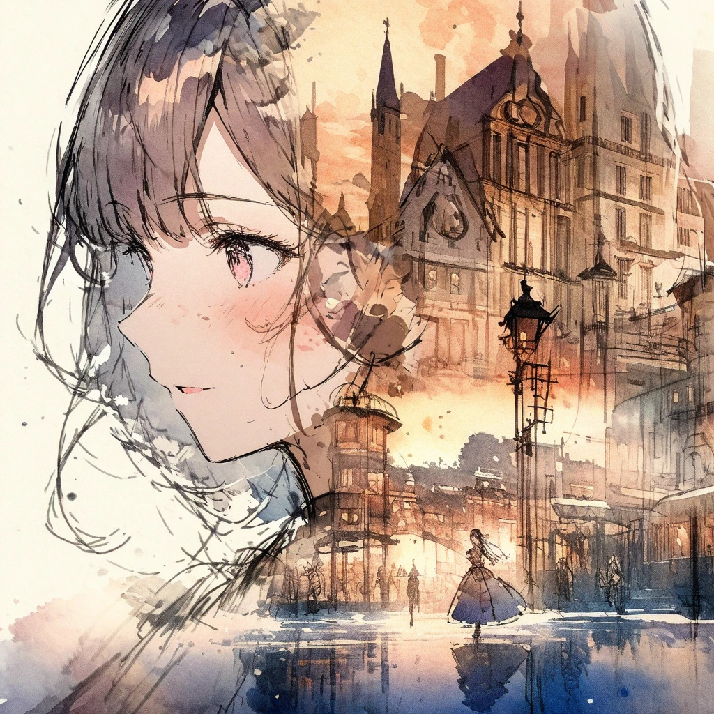 ((sketch:1.5)), ((watercolor:1)), Double Exposure of a Beautiful and Delicate Woman (The face is clear and perfect)image，Background、 Perfect Ultra Detailed Victorian Scenery , beautiful,  complicated illustration,  Artwork Concept Artwork, break,( if I don't get sicon't need treatment ),