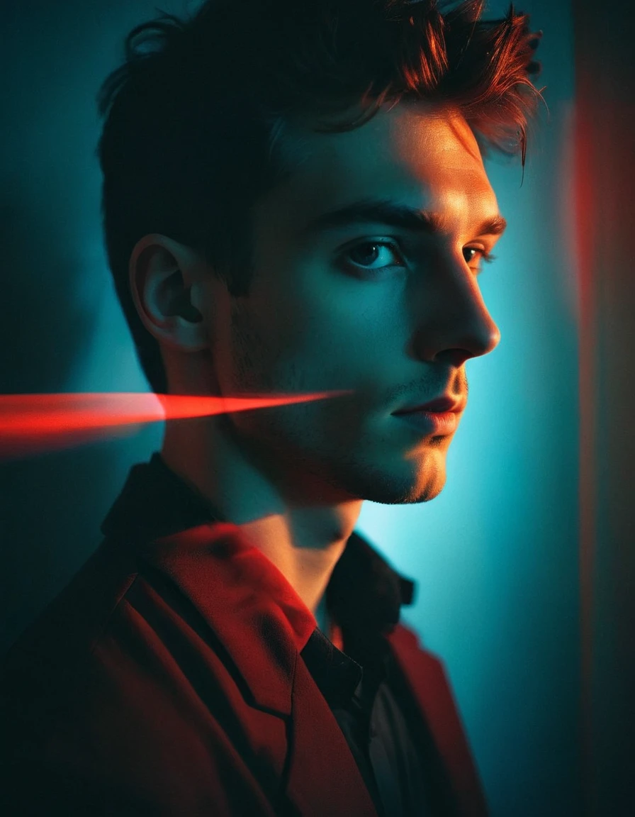  A man in the dark with a bright neon light., In the portrait style: Split toning,  light crimson and blue ,  distorted portraits , naturalistic shadows , dramatic movement,  volumetric lighting ,  backlit by the environment 