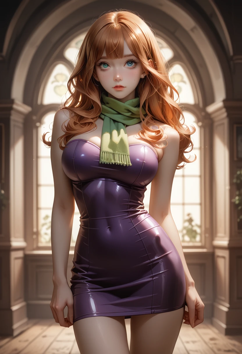 (Best Quality, High resolution:1.2), Ultra-detailed, ((super panavision 70 style, ultra Realistic 3/4 body portrait)), 50´s style, hot girl, scooby doo daphne, pretty detailed face, long red wavy hair, perfect long legs, tiny waist. very large breasts, standing, 70´s purple tight short dress, green scarf around her neck, in a desaturated haunted house background (Depth of field)