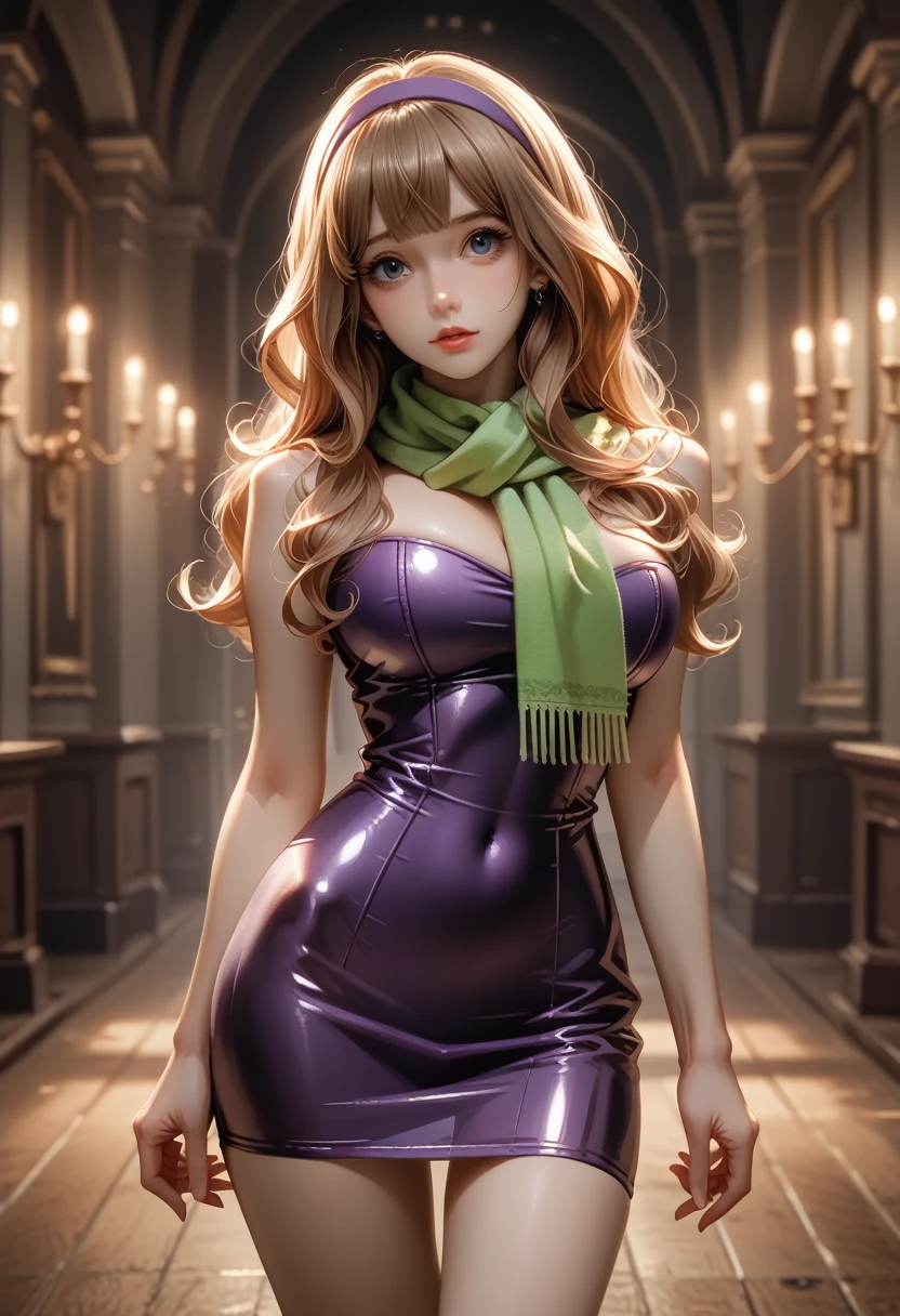 (Best Quality, High resolution:1.2), Ultra-detailed, ((super panavision 70 style, ultra Realistic 3/4 body portrait)), 50´s style, hot girl, daphne blake, pretty detailed face, long red wavy hair, perfect long legs, tiny waist. very large breasts, standing, 70´s purple tight short dress, green scarf around her neck, in a desaturated haunted house background (Depth of field)