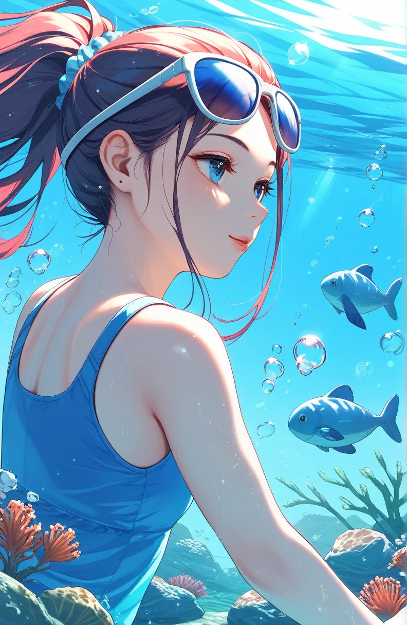  BEAUTIFUL GIRLS、Mysterious Feelings 、cute１７age、Underwater walking,Underwater Walking、Underwater swimming、超 high definition,  high definition, 4K, 8k,close,Sunken Ruins、Girl in the water、water、Surrounded by bubbles、Deep blue world、  Working with shades of deep blue