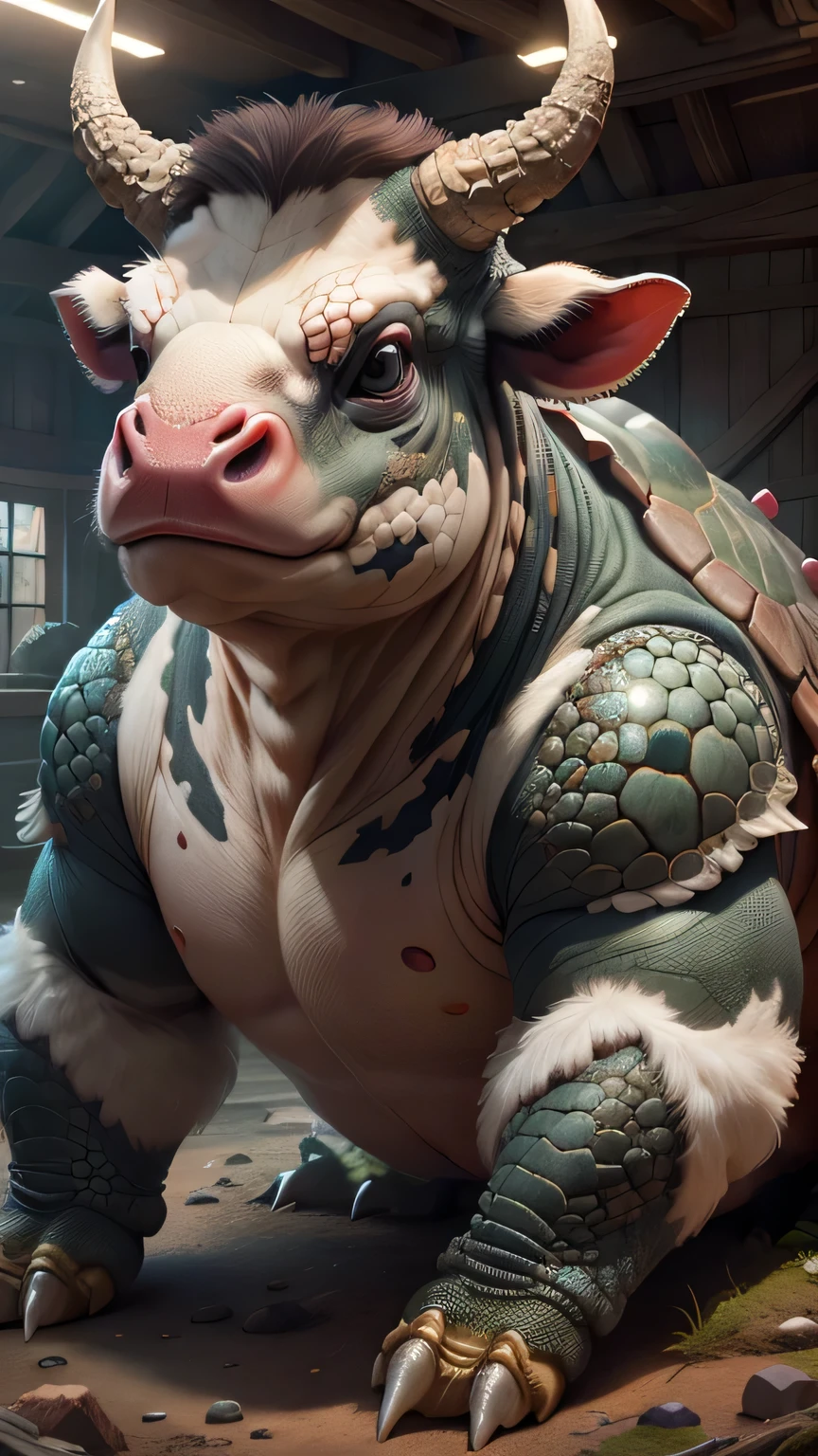 bovina, tortuga, a large bovine creature, a turtle, detailed anatomy, beautiful detailed eyes, beautiful detailed snout, extremely detailed face and features, photorealistic, 8k, ultra-detailed, realistic skin textures, intricate scales, natural lighting, dramatic shadows, vivid colors, highly detailed, cinematic composition, award winning digital art, masterpiece