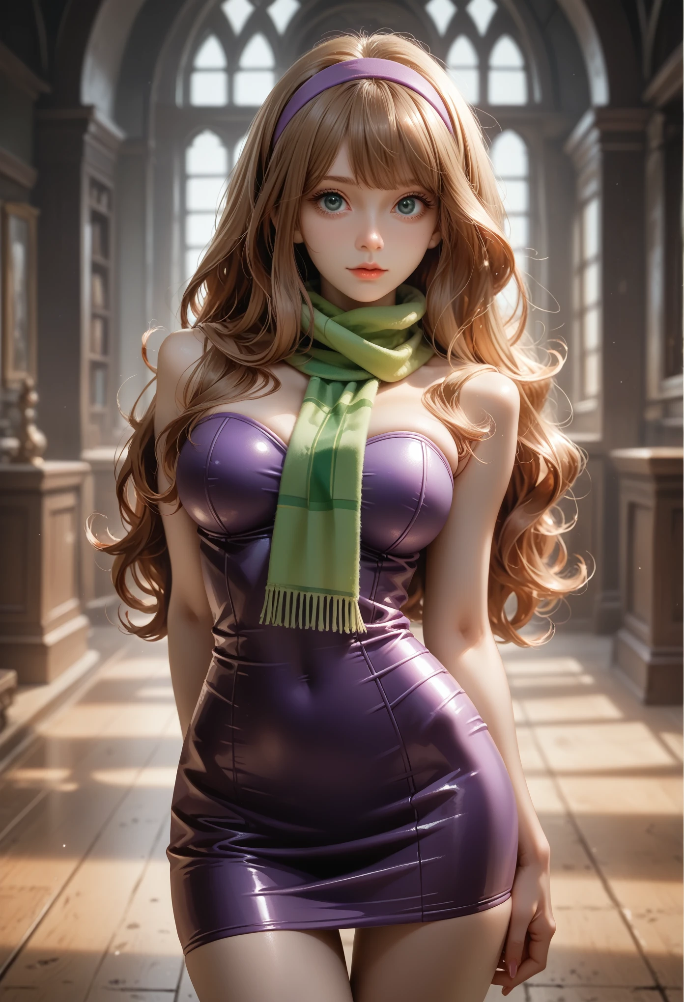 (Best Quality, High resolution:1.2), Ultra-detailed, ((super panavision 70 style, ultra Realistic 3/4 body portrait)), 50´s style, hot girl, daphne blake, pretty detailed face, long red wavy hair, perfect long legs, tiny waist. very large breasts, standing, 70´s purple tight short dress, green scarf around her neck, in a desaturated haunted house background (Depth of field)