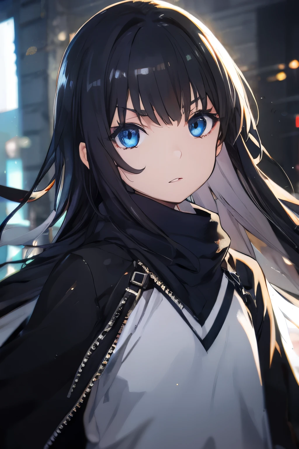 Black-haired girl,  dark black, shiny,  light blue eyes, Killer eyes , , cute little