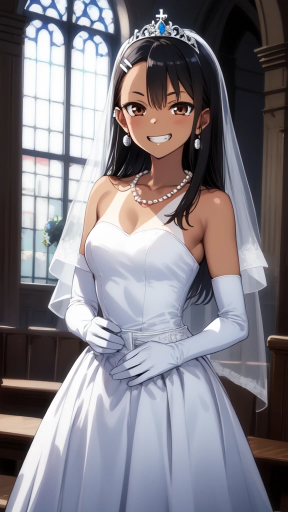 1girl, cowboy shot, grin, church, bridal stance, 
nagatoro_hayase, brown eyes, black hair, long hair, dark skin, dark-skinned female, tan, tanlines, hairclip, dress, solo, gloves, jewelry, wedding_dress, necklace, veil, earrings, white_dress, white_gloves, elbow_gloves, bridal_veil, tiara, bride, pearl_necklace, hair_bun, best quality, masterpiece, highres, (masterpiece), best quality, expressive eyes, perfect face, good hands, best hands, detailed, high quality, high resolution. 8k