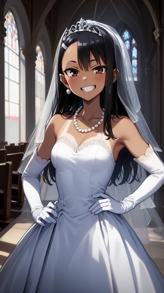 1girl, cowboy shot, grin, church, bridal stance, 
nagatoro_hayase, brown eyes, black hair, long hair, dark skin, dark-skinned female, tan, tanlines, hairclip, dress, solo, gloves, jewelry, wedding_dress, necklace, veil, earrings, white_dress, white_gloves, elbow_gloves, bridal_veil, tiara, bride, pearl_necklace, hair_bun, best quality, masterpiece, highres, (masterpiece), best quality, expressive eyes, perfect face, good hands, best hands, detailed, high quality, high resolution. 8k