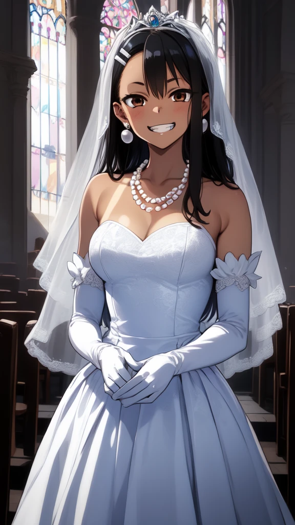 1girl, cowboy shot, grin, church, bridal stance, 
nagatoro_hayase, brown eyes, black hair, long hair, dark skin, dark-skinned female, tan, tanlines, hairclip, dress, solo, gloves, jewelry, wedding_dress, necklace, veil, earrings, white_dress, white_gloves, elbow_gloves, bridal_veil, tiara, bride, pearl_necklace, hair_bun, best quality, masterpiece, highres, (masterpiece), best quality, expressive eyes, perfect face, good hands, best hands, detailed, high quality, high resolution. 8k