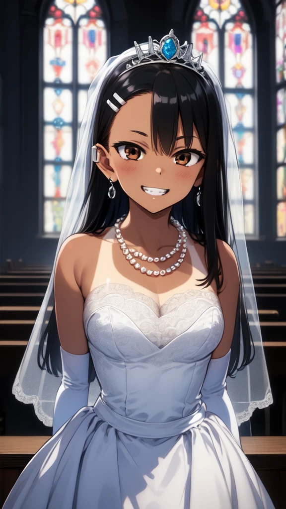 1girl, cowboy shot, grin, church, bridal stance, 
nagatoro_hayase, brown eyes, black hair, long hair, dark skin, dark-skinned female, tan, tanlines, hairclip, dress, solo, gloves, jewelry, wedding_dress, necklace, veil, earrings, white_dress, white_gloves, elbow_gloves, bridal_veil, tiara, bride, pearl_necklace, hair_bun, best quality, masterpiece, highres, (masterpiece), best quality, expressive eyes, perfect face, good hands, best hands, detailed, high quality, high resolution. 8k