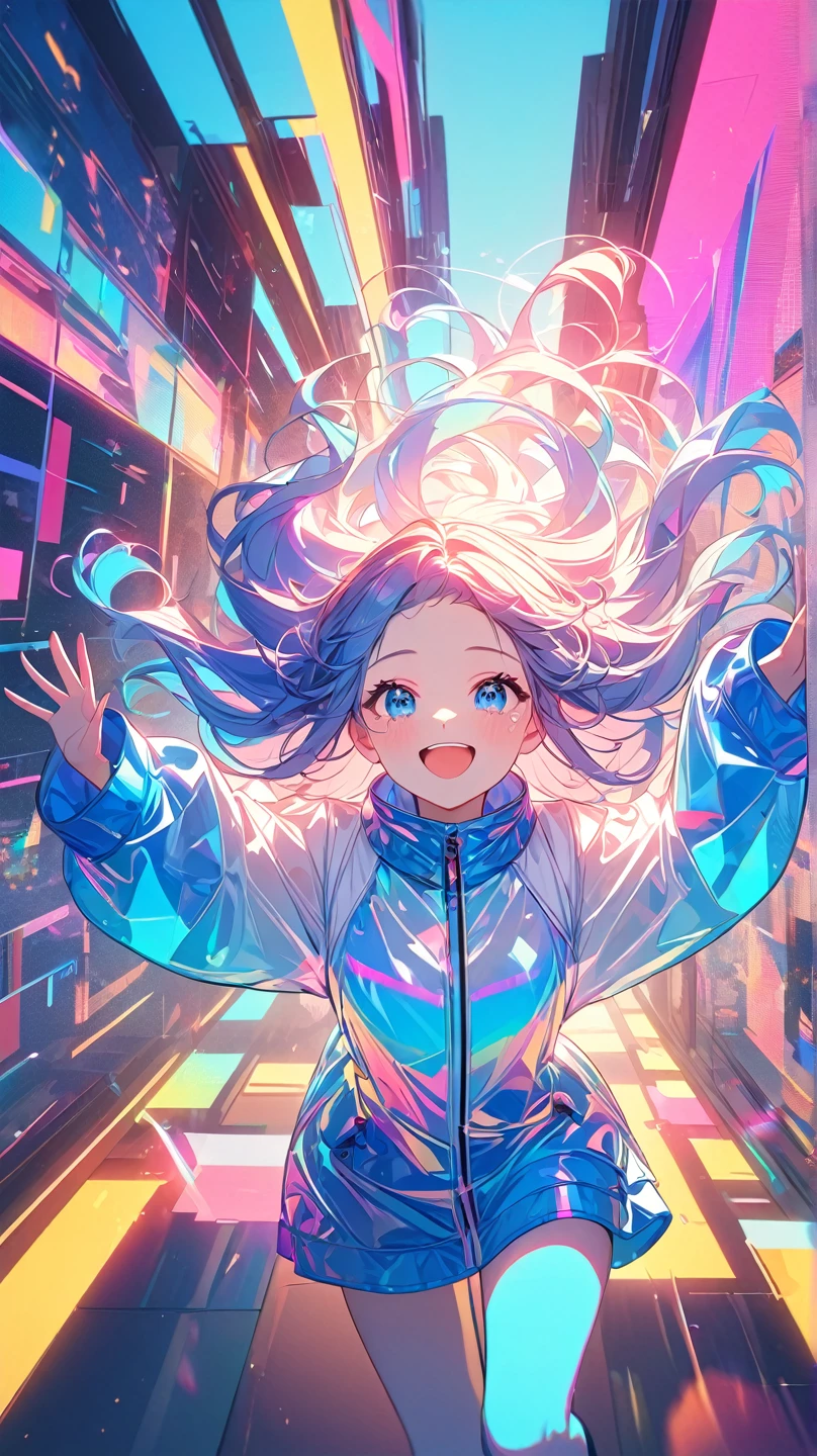 masterpiece,bestquality,Ultra Wide Angle,,  1 girl,Pink and blue hair,hand, Cute anime face ,tears,masterpiece,  clear color PVC costume   ,transparent vinyl clothes  ,whole body,Glitch Lamp}On the face,smile, curly hair,  film grain,lens_Flare,colorful, chromatic ablation , dynamic perspective, mouth, Strong emotional expression  :die,glitchart,Super detailed,  Very Delicate and Beautiful ,albumcover,album,albumdescription,PixilationOn the face, Double Exposure , chromatic ablation ,Light Leak,Noise and Grain, Color Gradient ,Glitch Characters ,art,abstractart,geometry, Clear lines ,Four Corners,bright,  Limited Palette  ,{  Regular Composition   },  pretty diagonal stripe background,{{Blue and whiteの縞模様の背景}},{  Limited Palette  },   flat color  ,Blue and white,