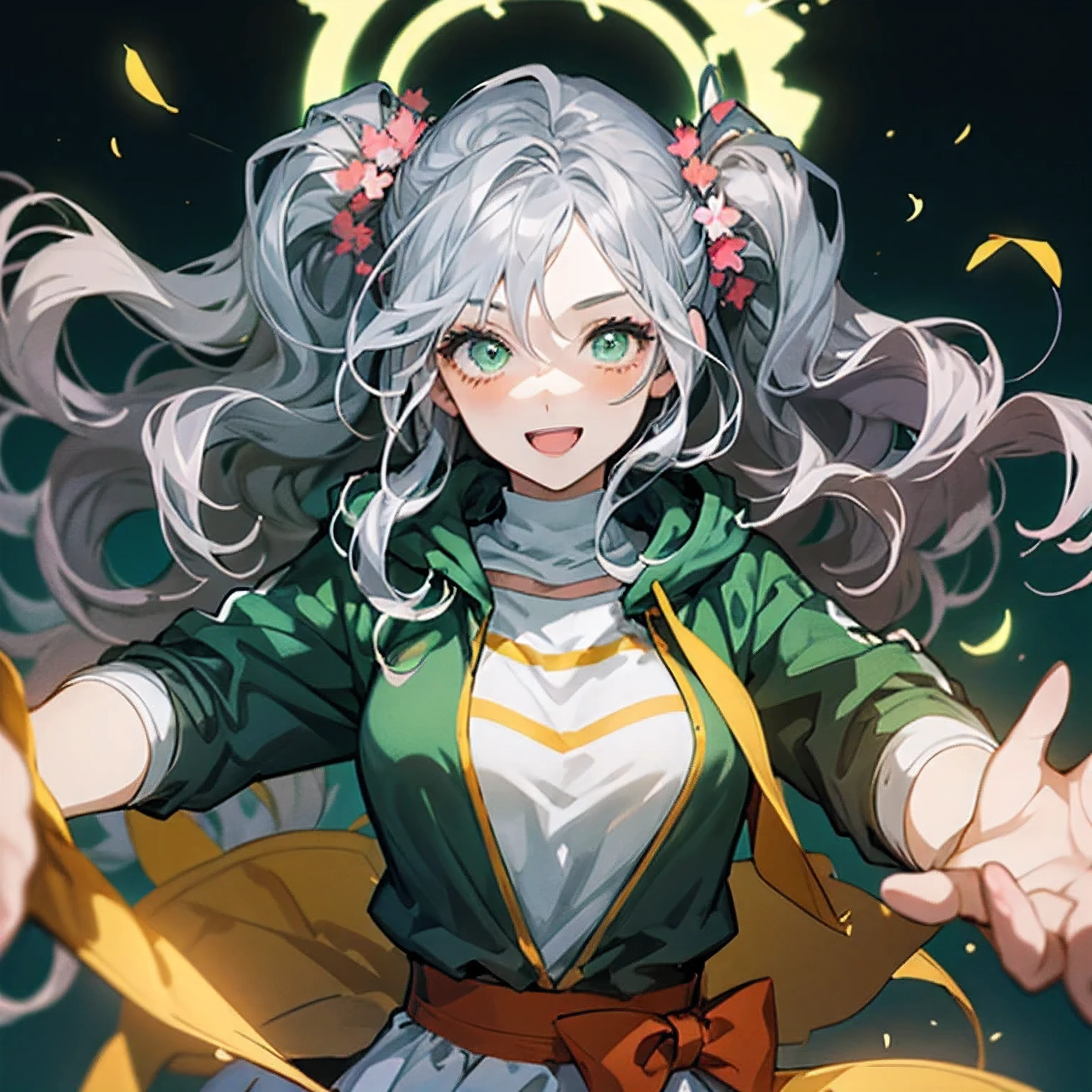 (masterpiece,  best quality:1.2),  1 girl, Alone,A high-resolution close-up of an excited teenage girl with wavy silver hair and vibrant green eyes, wearing a stylish hoodie. She spreads her arms joyfully against a softly illuminated background, embodying kawaii elegance in vivid anime style.