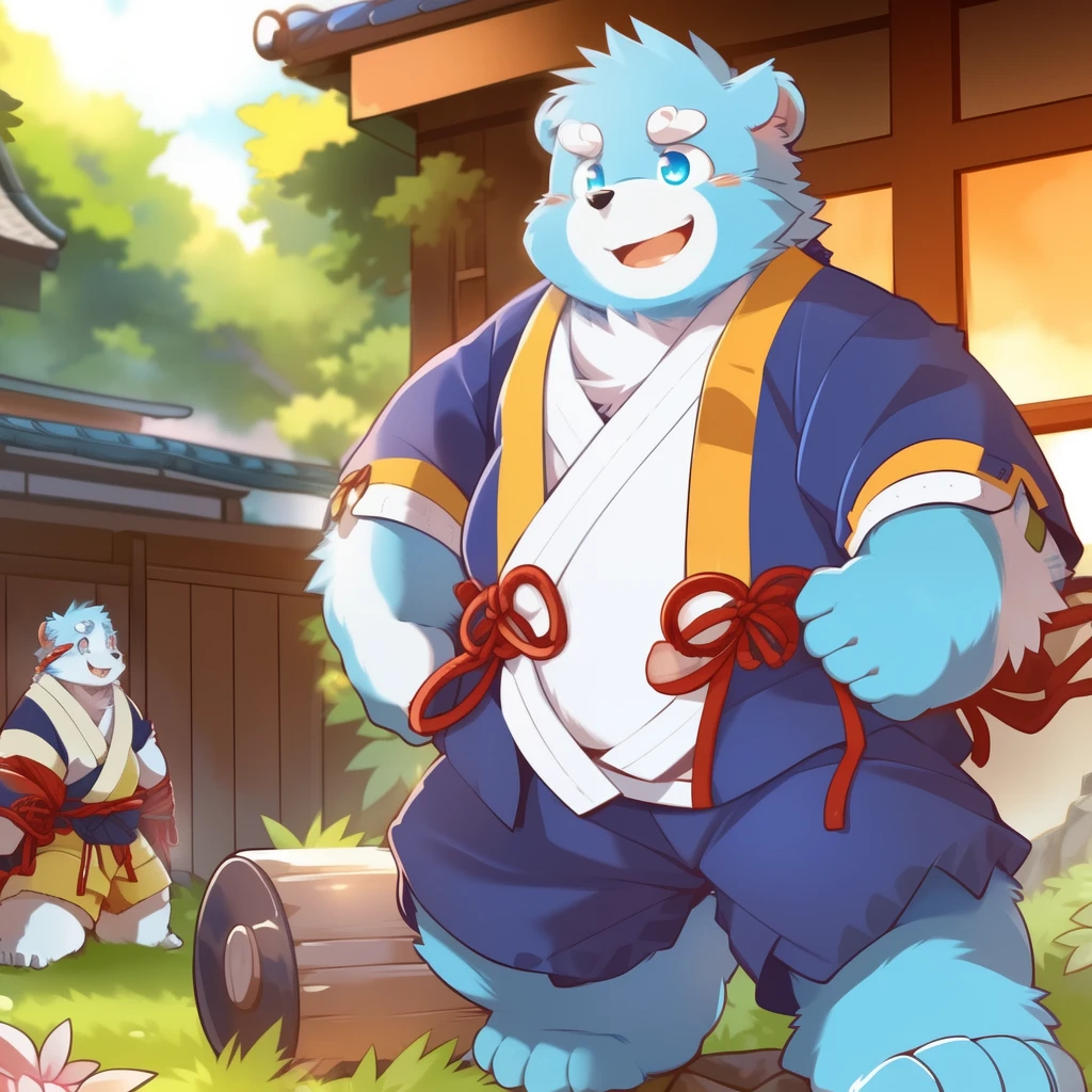 (From zixiong:1.1),(by takemoto arashi),(Orcs:1.2), furry ,shiquanhao,Blue Bear, 1 boy,Blue fur,Open your mouth,Animal ears, blue eyes,Japanese Clothing,Bear ears, blue hair ,Fat,Bear Boy,( masterpiece ),(  is very detailed),( best quality), unique,( Detailed Backgrounds :1.2),( Smile:1.1),( delicate eyes :1.2),Exposing reproductive organs