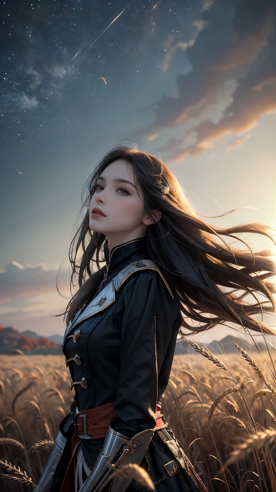  A beautiful woman ，23 years old ， female pirate figure ，Red long hair ， A person standing alone in a vast wheat field， Hair Messy and Fluffy ，rim light，（ Long Hair Dizziness ：1.5）， Best Quality，tmasterpiece，  super resolution  ），（realisticlying：1.4），Slim，（ with shiny skin ），（The woman's face looks up at the sky）， Top Fashion ，autumn， Light Solution ，（beautifulface：1.1），delicate eyes，lusciouslips，Depth of Field、 Bokeh ，author（James S . c. Christensen：1.2| Jeremy Lipkin ：1.1），night，night sky，alone，External，​​