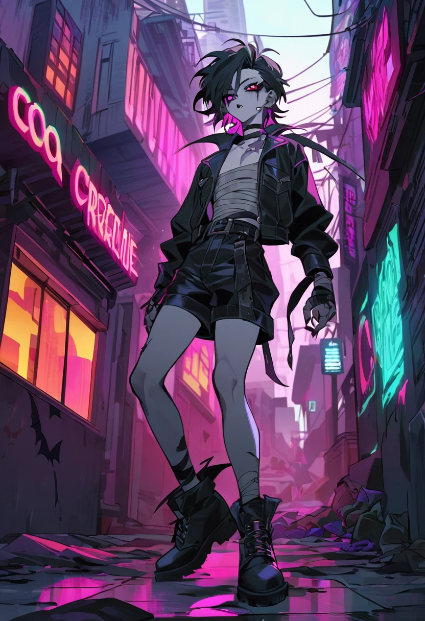 Oc,vampire, a  pale skin skinny buff femboy man wearing black bandages,thick, in an 90’s style. He’s androgynous , fullbody and a sensual , cool expression.The scene has a cool,badass,Vampire the Masquerade/Underworld style and a vibrant tone.90’s urban setting in the background.