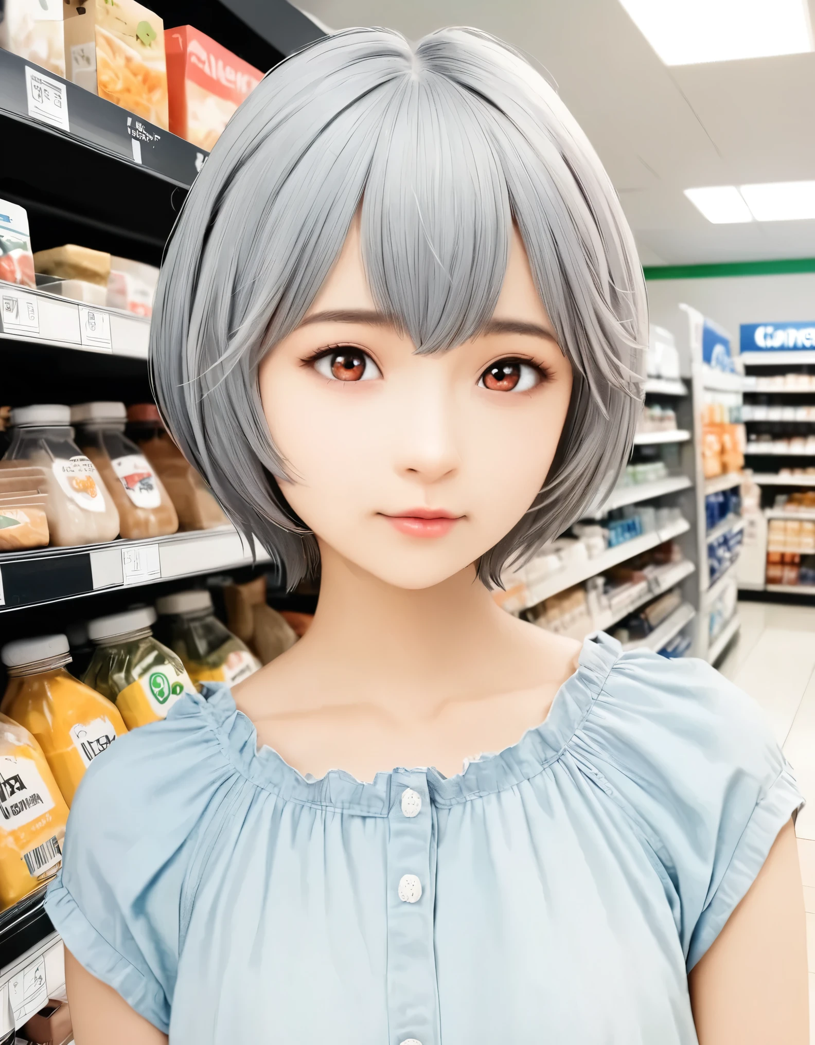 (best quality, 8k, high resolution:1.2), 1girl, ayanami_rei, Convenience store, upper body