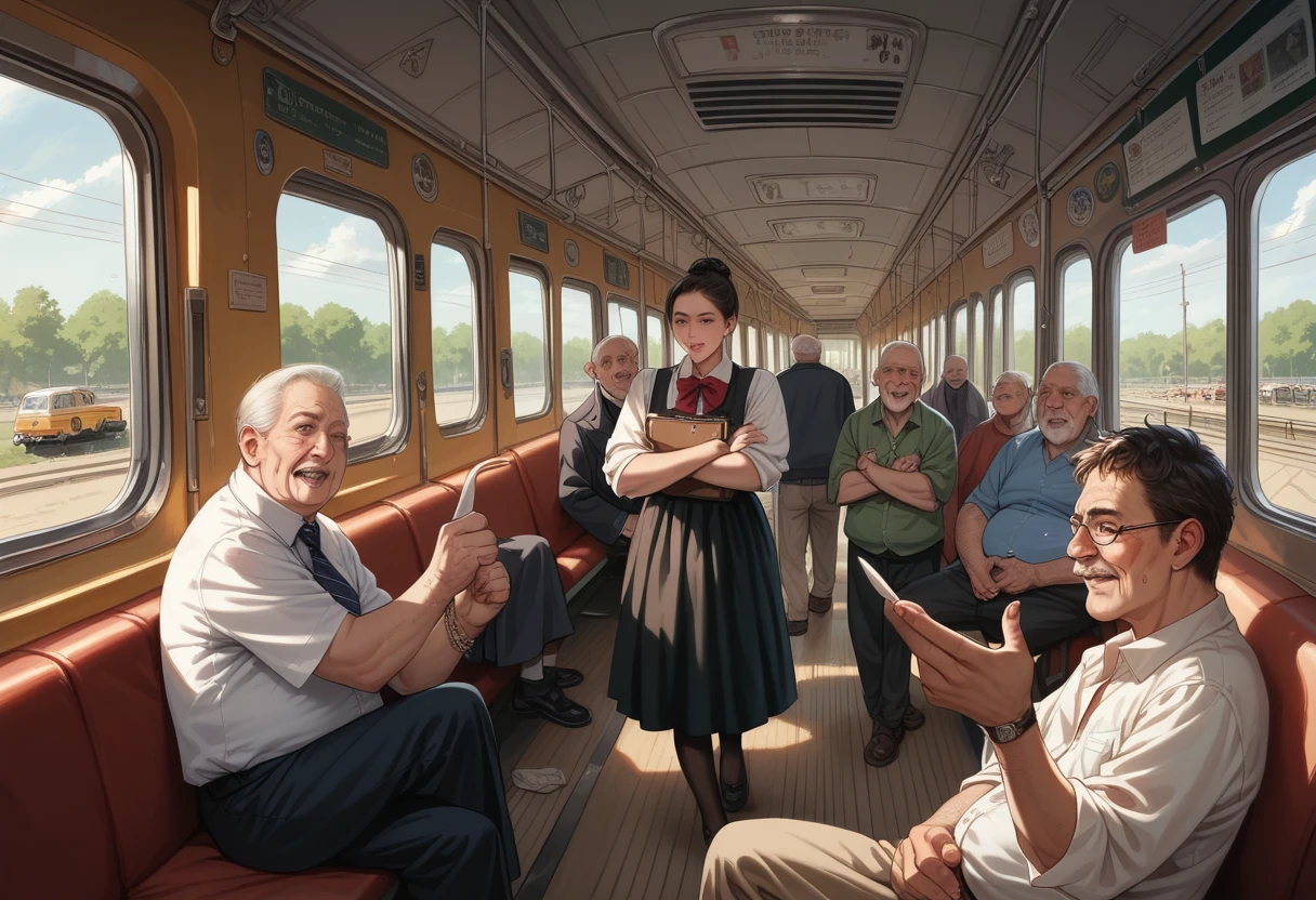 (((( anatomically correct))))，Best Quality， detailed images down to the local part ，((Molester))，One young woman， surrounded by many middle-aged and elderly men，Being grabbed by men ， in the train 