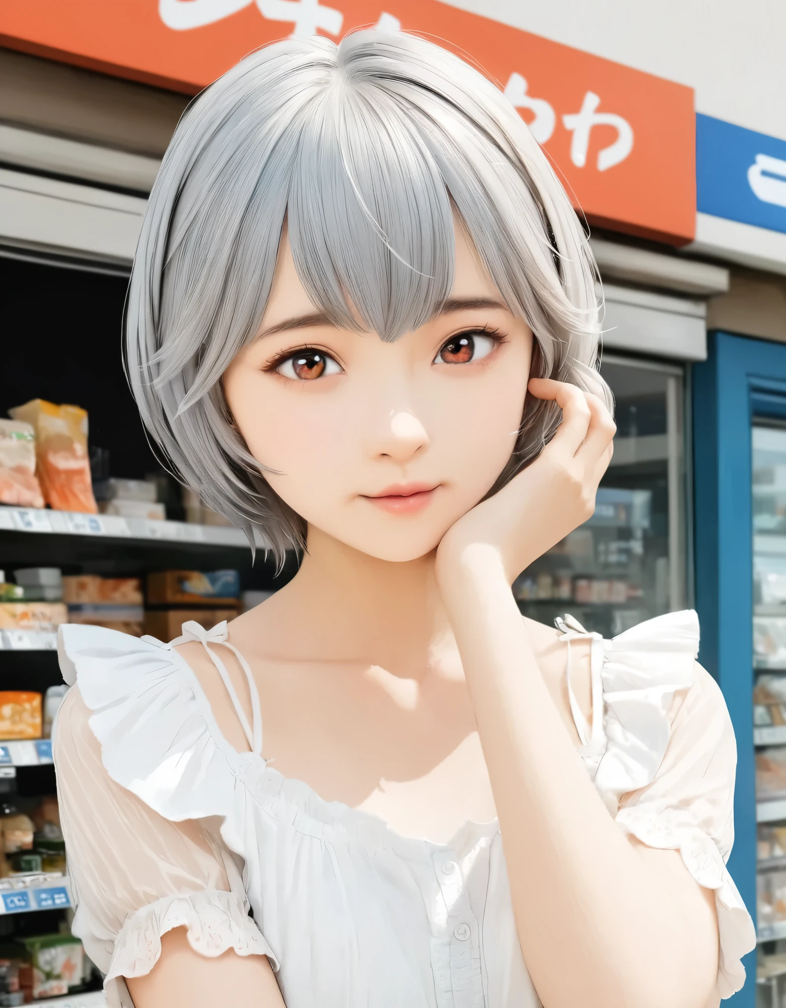 (best quality, 8k, high resolution:1.2), 1girl, ayanami_rei, Convenience store, upper body