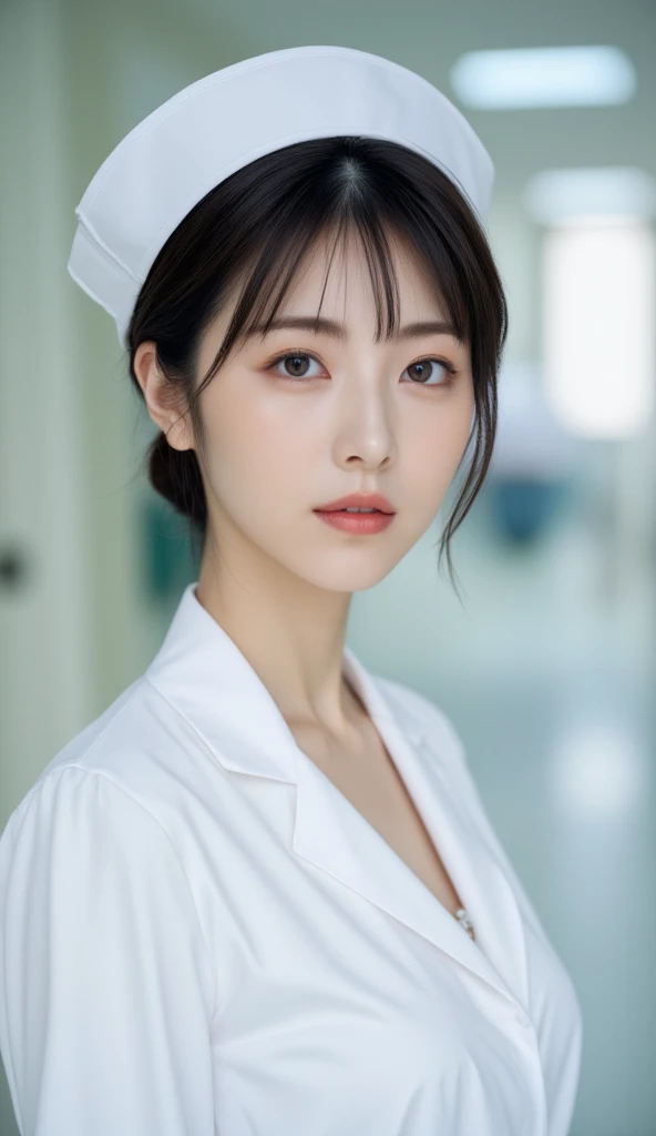 1. Pure Woman,(Wearing white nurse clothes:1.2),(RAW photo, Best Quality), (Realistic, photo-Realistic:1.4), masterpiece,  Very Delicate and Beautiful ,  very detailed, Great Skin,   detail face  , Serious face、 clean look、  Sparkling Eyes, double eyelid, Ample breasts、 clevis、 high definition, Soft light,  beautiful meticulous girl on an airplane,  very detailed eyes and face,  Beautifully detailed nose, nurse,  COMPLETE ANATOMY,  Black Hair ,  Upstyle, nurse uniform, ((nurse cap)), hospital, Clear,  white uniform, hospital room, (( high definition)),   short hair, bangs,Focused on the face、