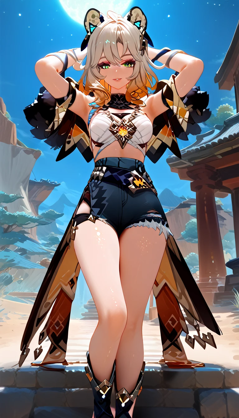 masterpiece, 8k, high resolution, shrine, semi-realistic, 1 girl, portrait 3:4, (high detailed face), (detailed body and clothes), (detailed hands, no bad hands, No bad fingers), skating, arms up, (hands behind the head), smile, looking at viewer, dynamic, medium breasts, sexy, perfect body, perfect long legs, no stockings , Xilonen (genshin_impact), genshin_impact, puffy breasts, desert midnight, moon and stars.