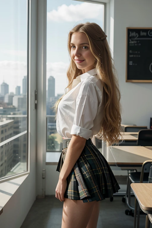 8k, masterpiece, beautiful model girl, 18 years old, (((adorable girl))), skinny, thin waist, ((small waist)), (tone stomach), heart shaped face, ((smile showing teeth)), braces on teeth, blonde hair, face cheek dimples, big eyes, makeup on eyes, small nose, petite nose, eyeliner, button nose, adorable angular face, posing for a picture, very excited, thin body, skinny body, sexy girl, wearing a schoolgirl outfit, plaid skirt, pleated skirt, ponytail, long legs, hot petite, playful, big smile, (petite body), full body, girl in home office, office with leather furniture and book shelves, (((side view)))