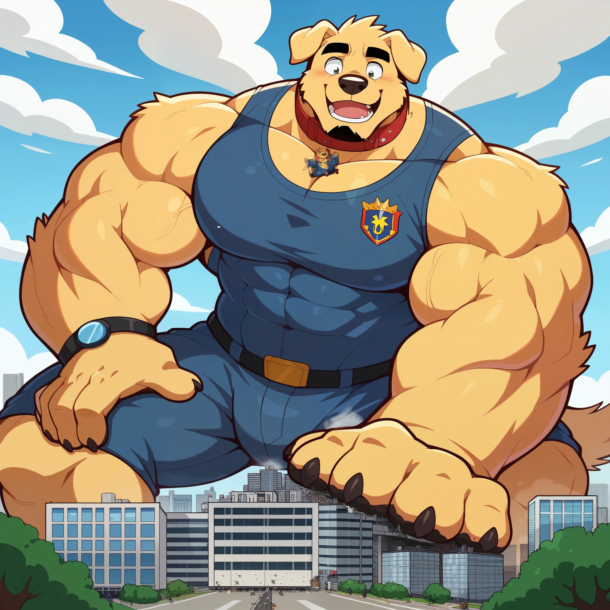 doodled golden retriever face,Humanity (Goldener Retriever),pummelig,( black eyebrows :1.1),(perfect eyes),golden fur,(artist:takemoto arashi),(collar:1.3),paw,( Black beard :1.3),(police uniform:1.3) Goldener Retriever,(Massiv:3.0,big muscle:1.1( heavyweight ,stark,Macro, Emphasize )), background(( Building , Raise little speech ,the little sparks, the crack in the road )), Low perspective shot