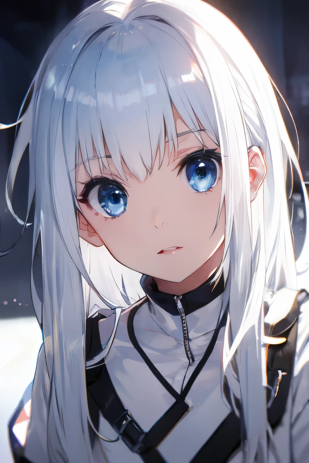 White-haired girl , , dark white, shiny,  light blue eyes, Killer eyes , , cute little