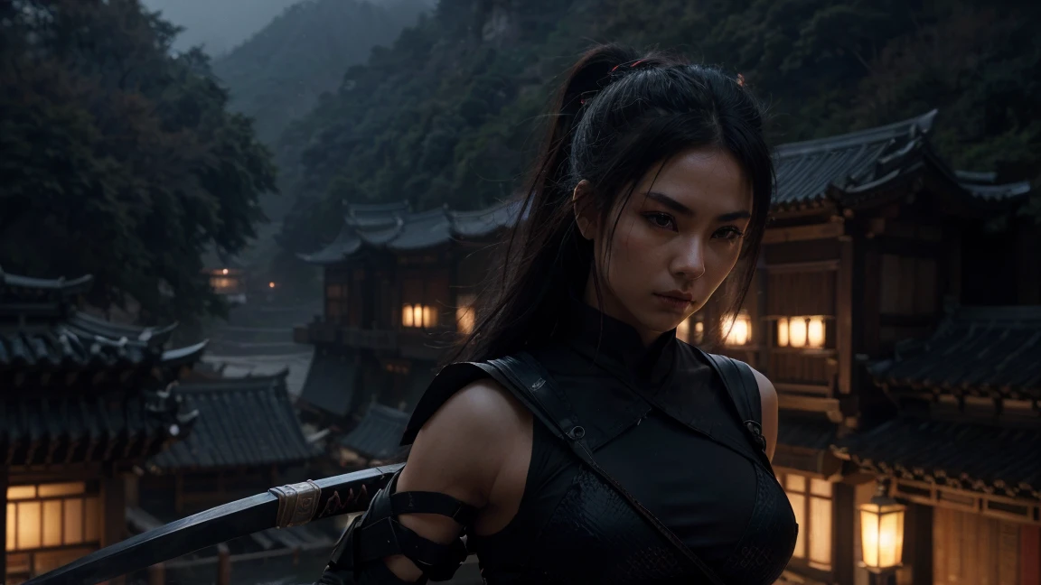 a highly muscular female ninja with 1 katana, the coltes are sethrough because is made of net. detailed abs and muscles, dark outfit, serious expression, glowing katana blade, dynamic action pose, on a chinese ancient roof, in a misty olde chines village at night dark moody lighting, cinematic angle, hyperrealistic, digital art, illustration