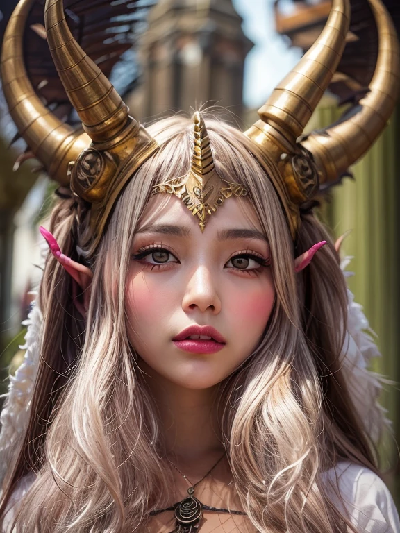 8k,Best Quality, masterpiece, Super detailed,  ultra high resolution ,  photorealistic,  RAW Photos, Absurd, Full resolution ,  1 girl, Alone, upper body shot,  , It's on , Super cute face, Attractive appearance,  big breasts at the temple ,  long bob hair  ,smile,(Devil Costume, Headdress with horns, Bat Wings:1.3), Fantasy world castle,Glossy lips,   double eyelids in both eyes  ,   natural makeup,  Long eyelashes, shiny smooth light brown  long bob hair ,   asymmetrical bangs , shiny skin, Center image,  high definition, High detail, Detailed hairstyle,   detail face  ,  STUNNING CINEMATIC LIGHTING  ,  octane rendering, Vibrant, Surreal, Perfect body,  COMPLETE ANATOMY, Shen